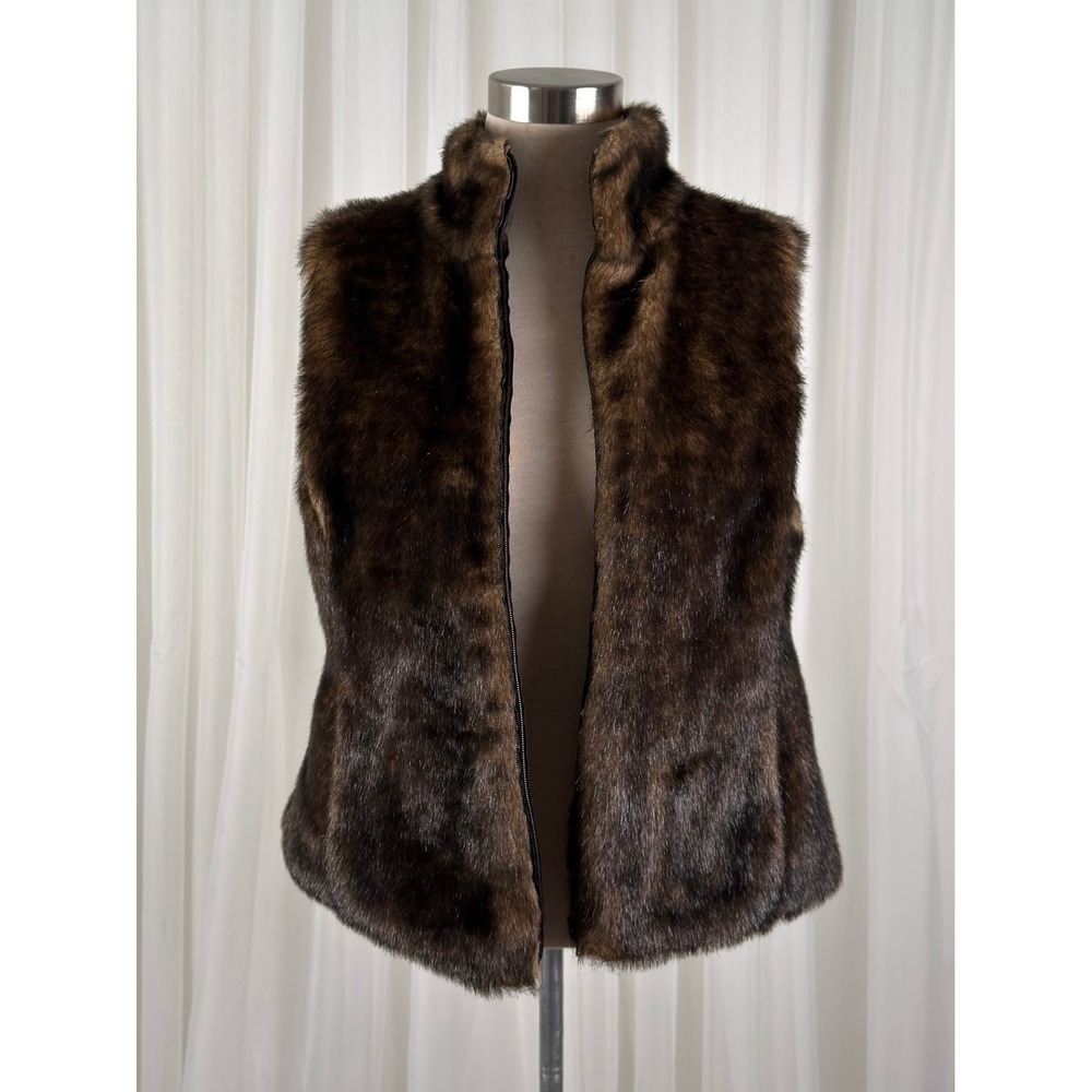 Brown Faux Fur Vest Zip Up Mock Neck Mob Wife Womens S